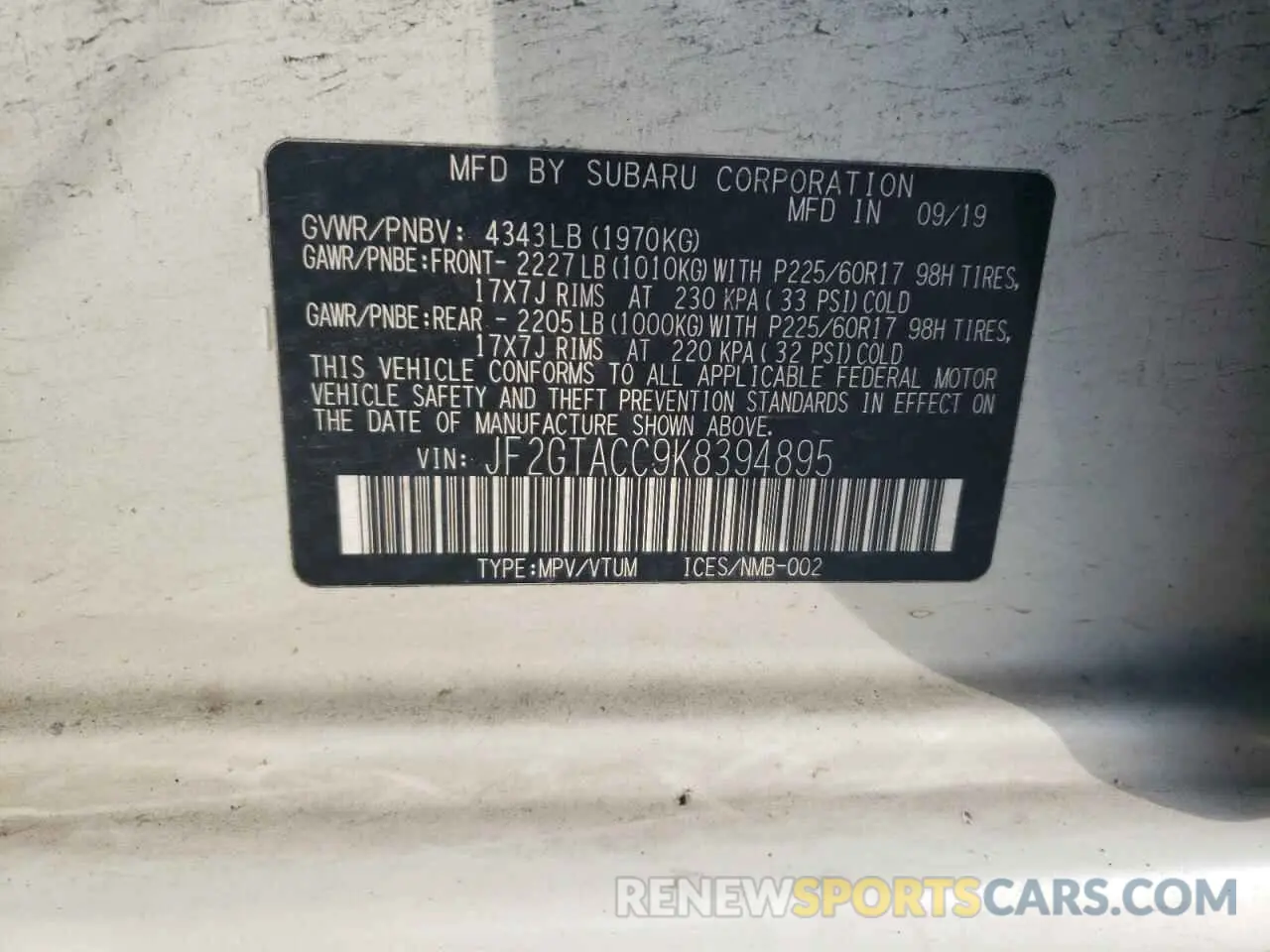 13 Photograph of a damaged car JF2GTACC9K8394895 SUBARU CROSSTREK 2019