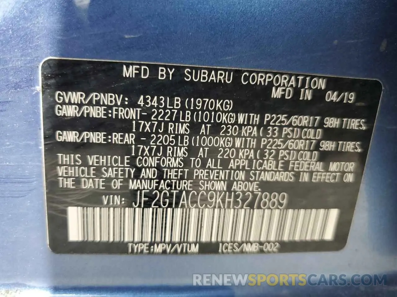 13 Photograph of a damaged car JF2GTACC9KH327889 SUBARU CROSSTREK 2019