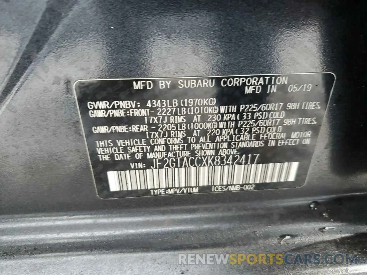 13 Photograph of a damaged car JF2GTACCXK8342417 SUBARU CROSSTREK 2019