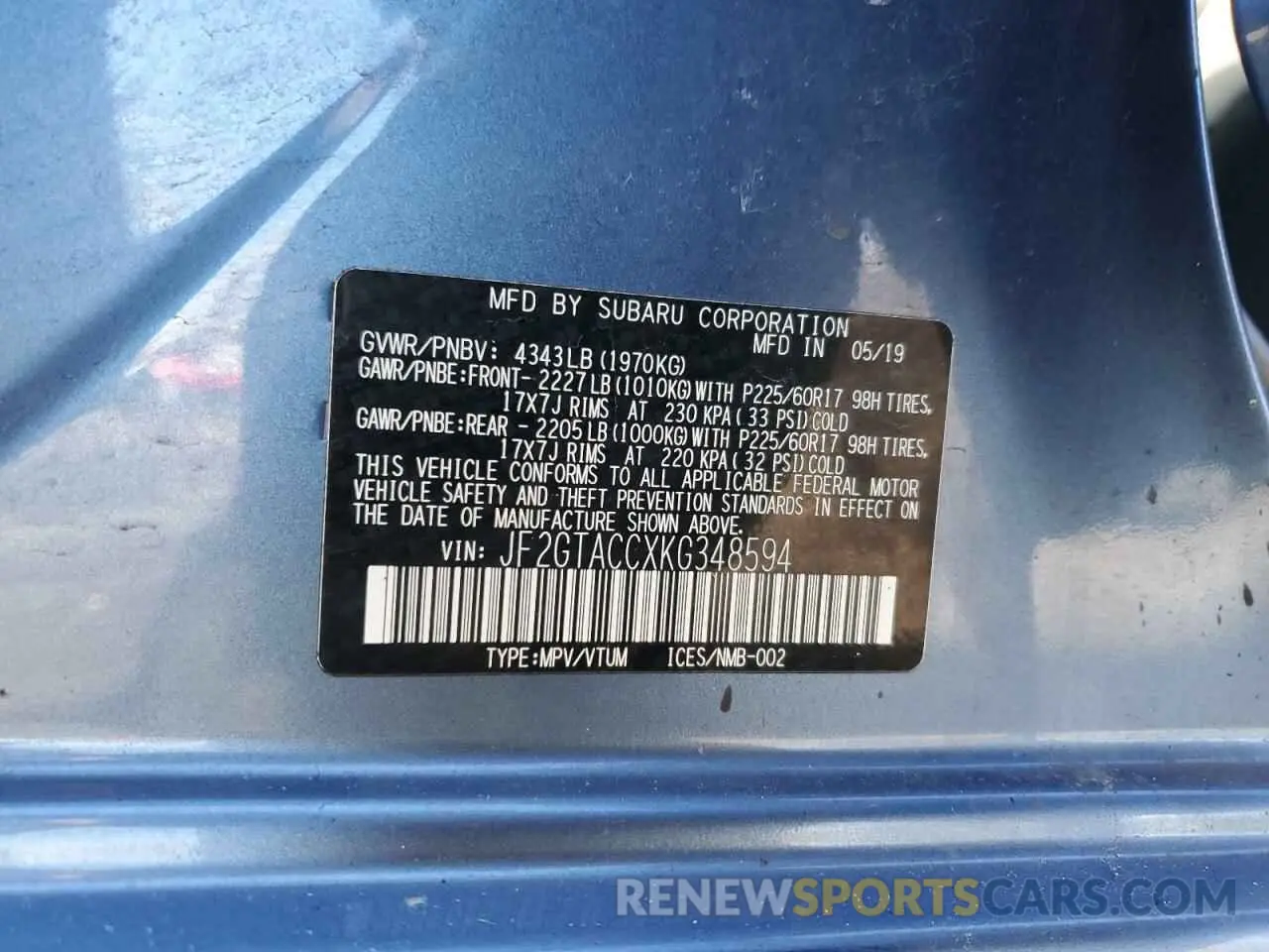 15 Photograph of a damaged car JF2GTACCXKG348594 SUBARU CROSSTREK 2019