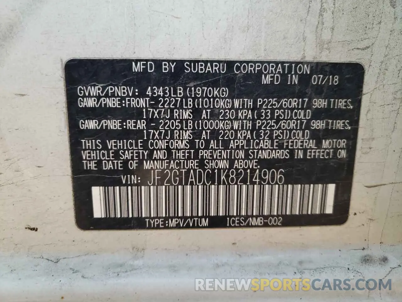 13 Photograph of a damaged car JF2GTADC1K8214906 SUBARU CROSSTREK 2019