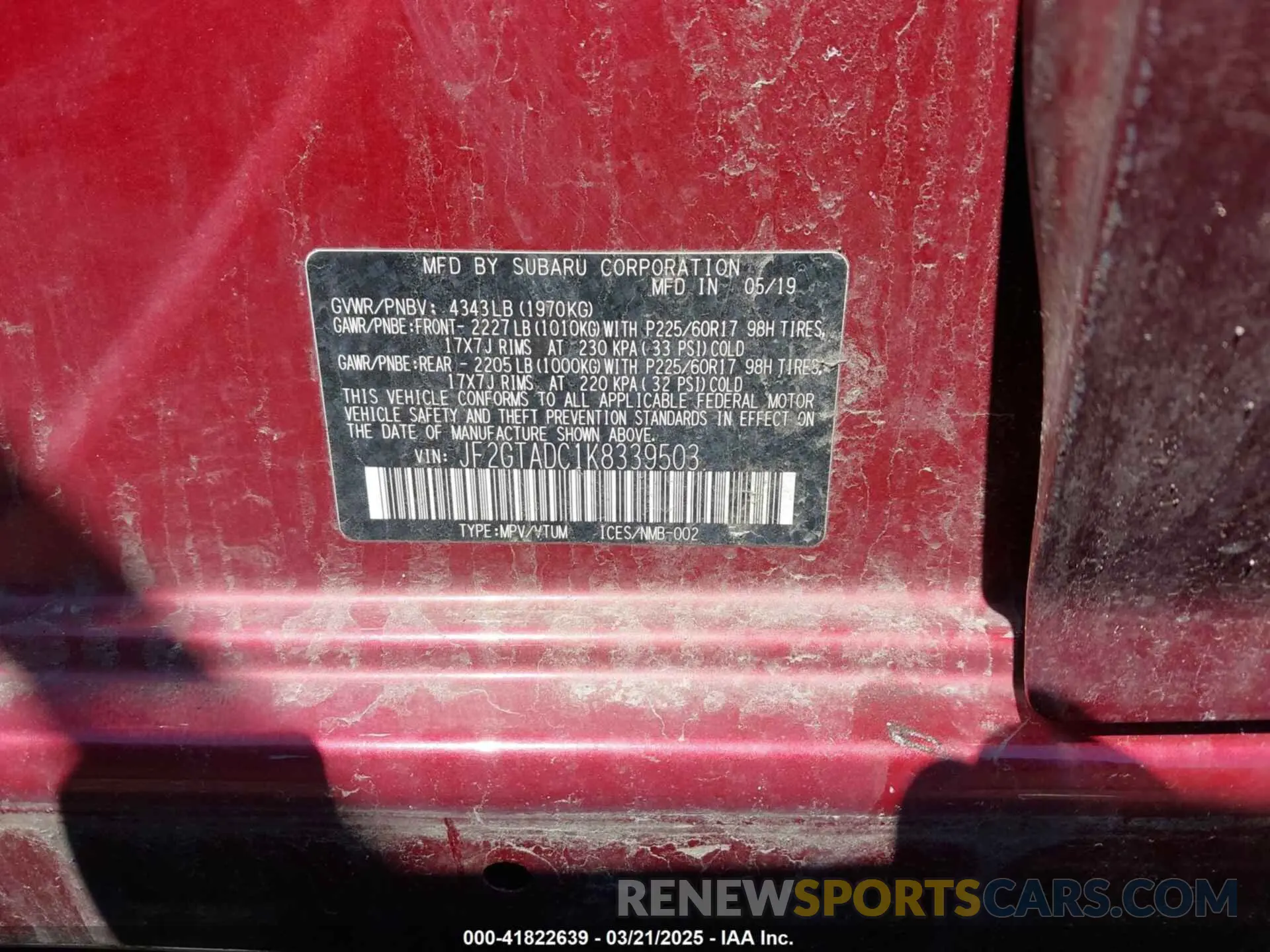 9 Photograph of a damaged car JF2GTADC1K8339503 SUBARU CROSSTREK 2019