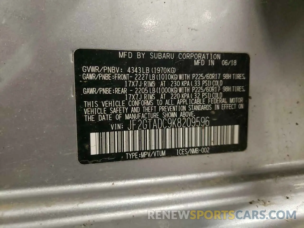 15 Photograph of a damaged car JF2GTADC9K8209596 SUBARU CROSSTREK 2019