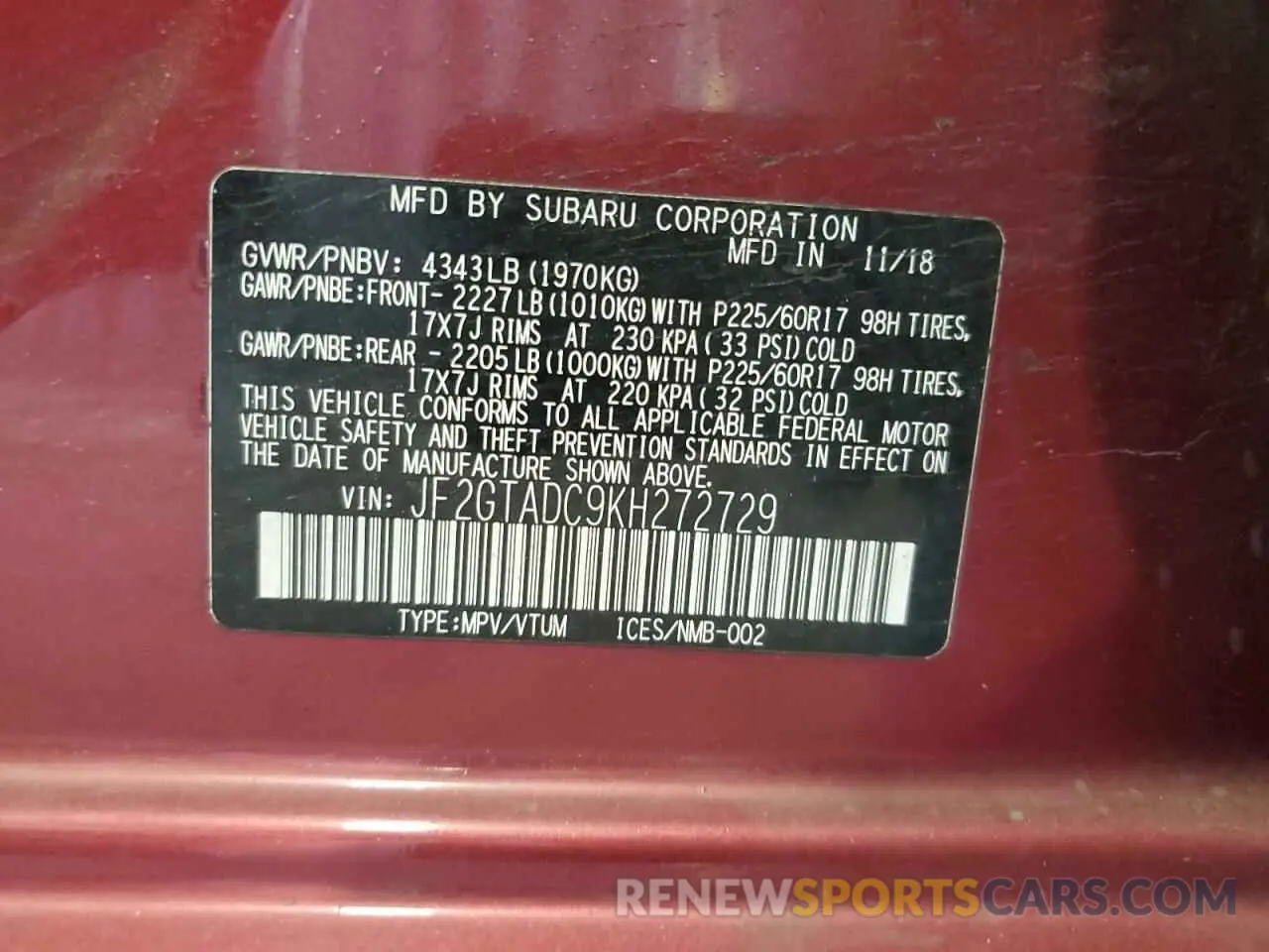 12 Photograph of a damaged car JF2GTADC9KH272729 SUBARU CROSSTREK 2019