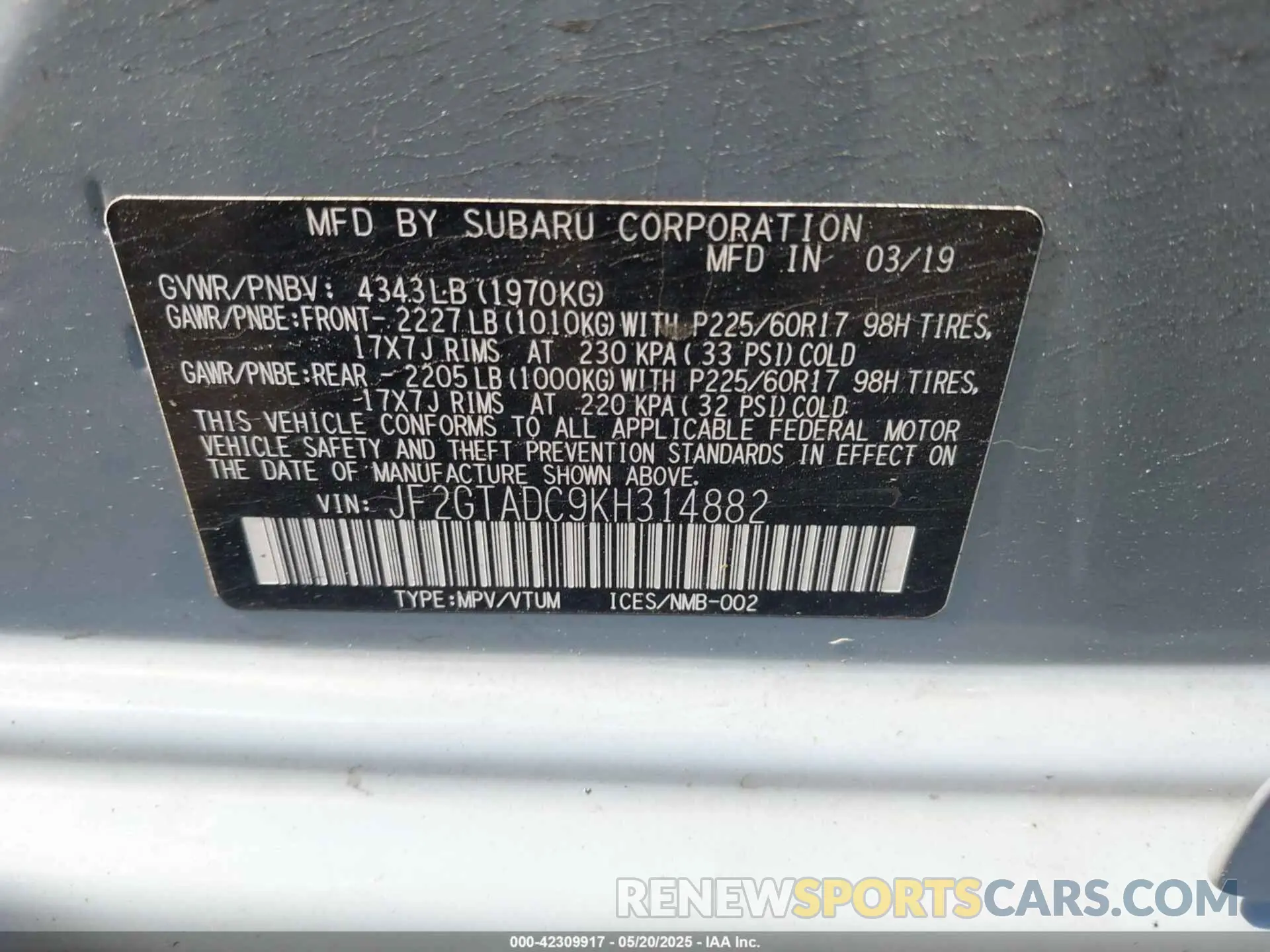 9 Photograph of a damaged car JF2GTADC9KH314882 SUBARU CROSSTREK 2019