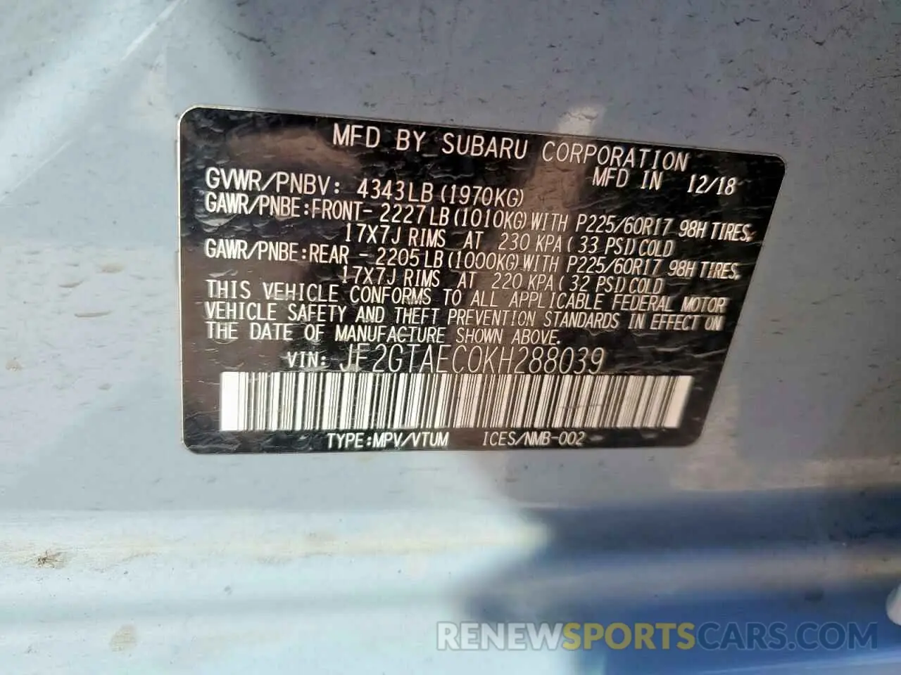 13 Photograph of a damaged car JF2GTAEC0KH288039 SUBARU CROSSTREK 2019