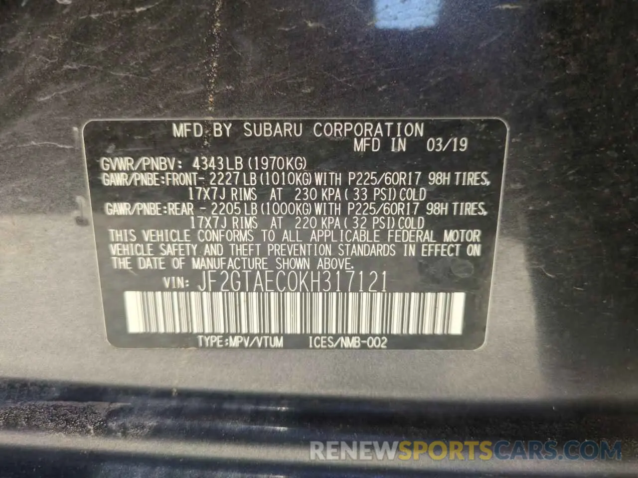 13 Photograph of a damaged car JF2GTAEC0KH317121 SUBARU CROSSTREK 2019