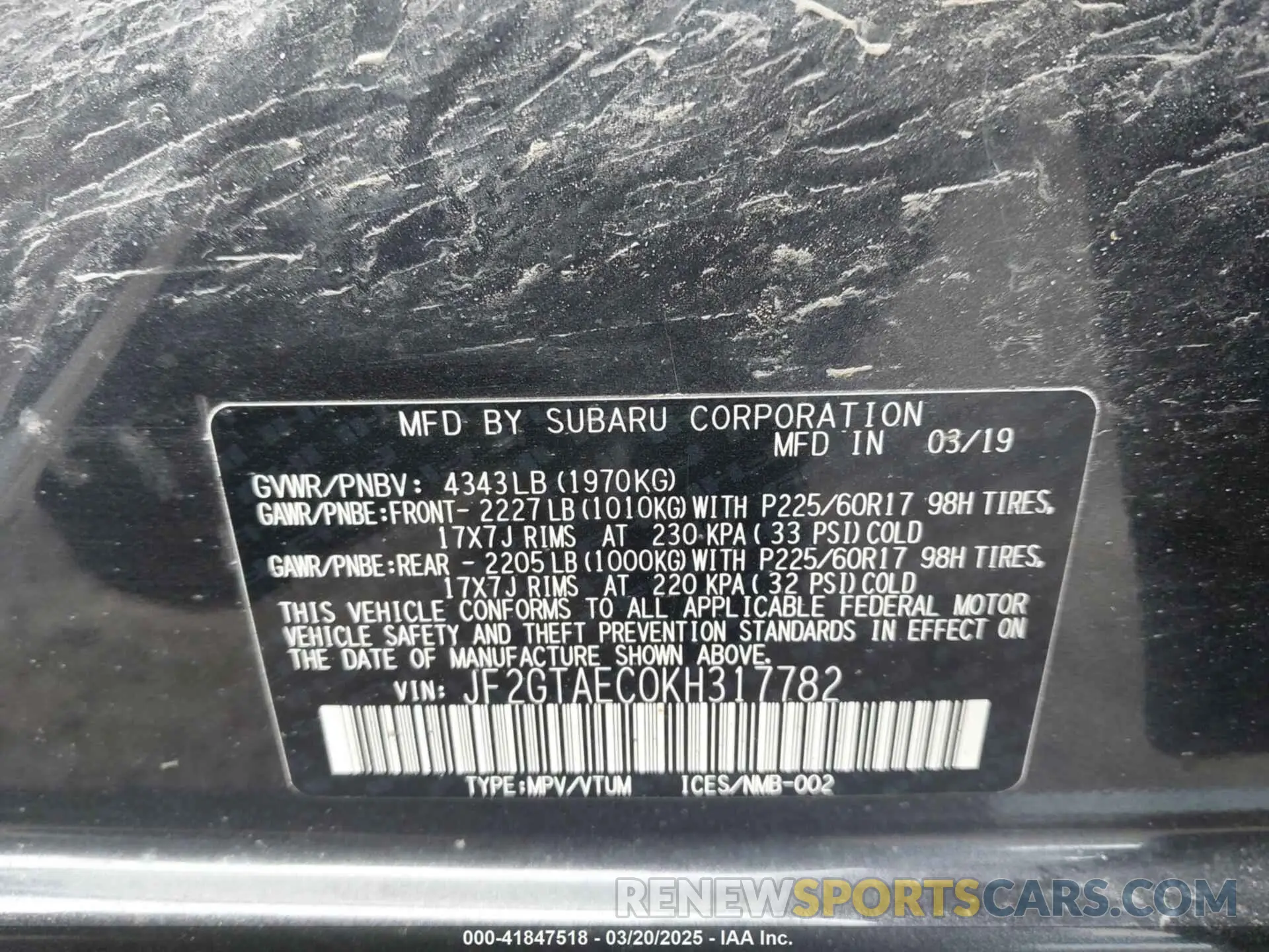 9 Photograph of a damaged car JF2GTAEC0KH317782 SUBARU CROSSTREK 2019