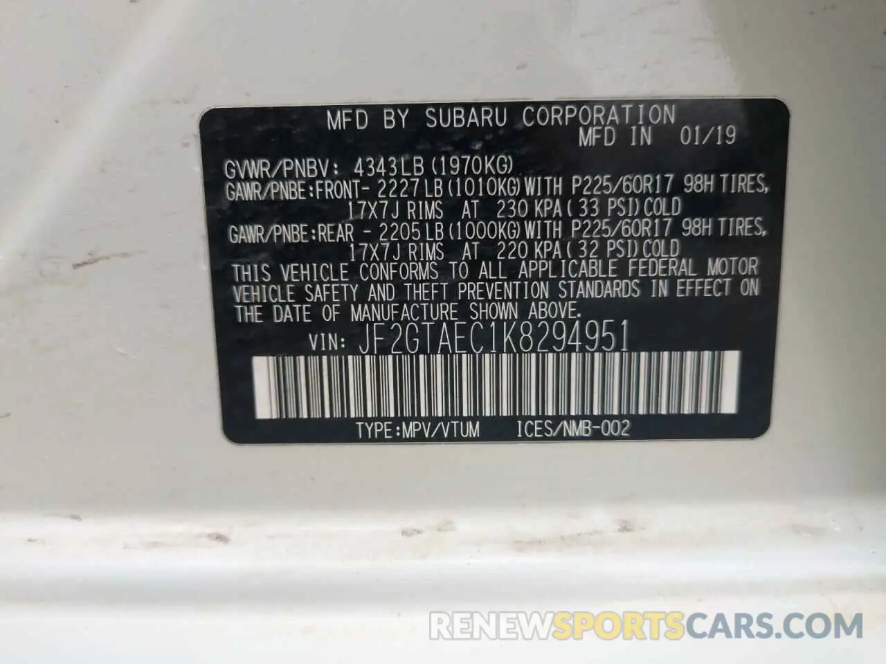 13 Photograph of a damaged car JF2GTAEC1K8294951 SUBARU CROSSTREK 2019