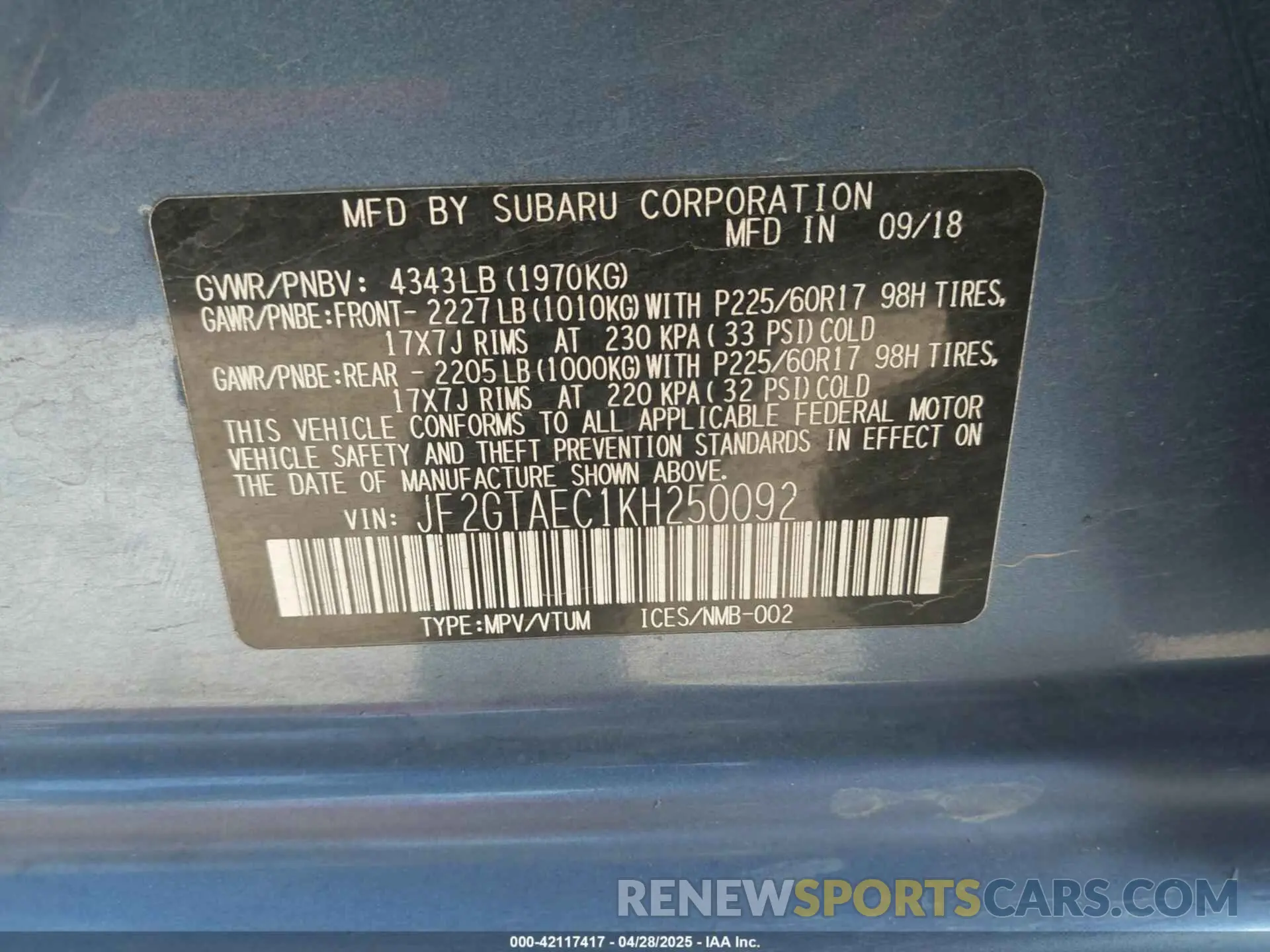 9 Photograph of a damaged car JF2GTAEC1KH250092 SUBARU CROSSTREK 2019