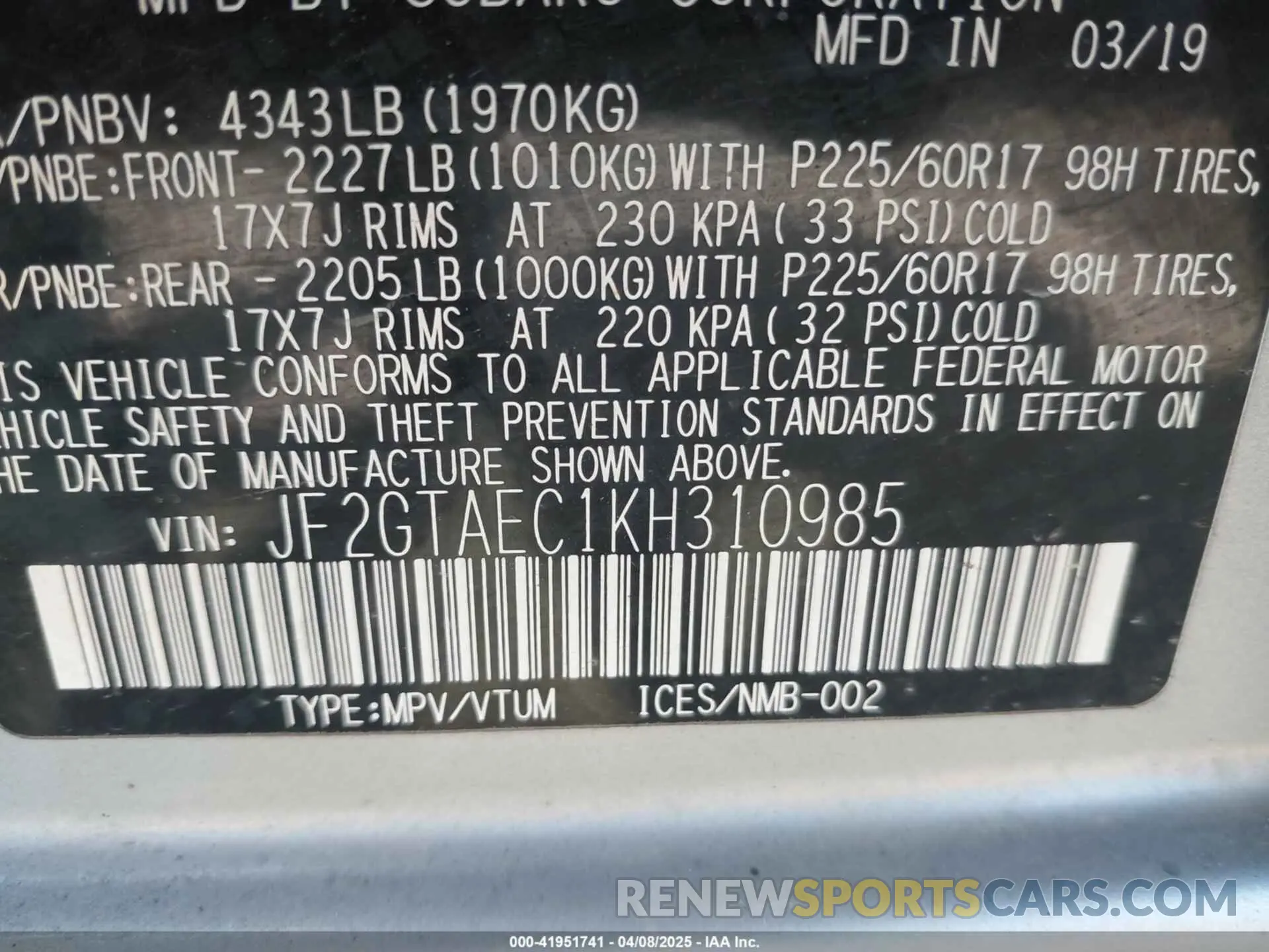 9 Photograph of a damaged car JF2GTAEC1KH310985 SUBARU CROSSTREK 2019