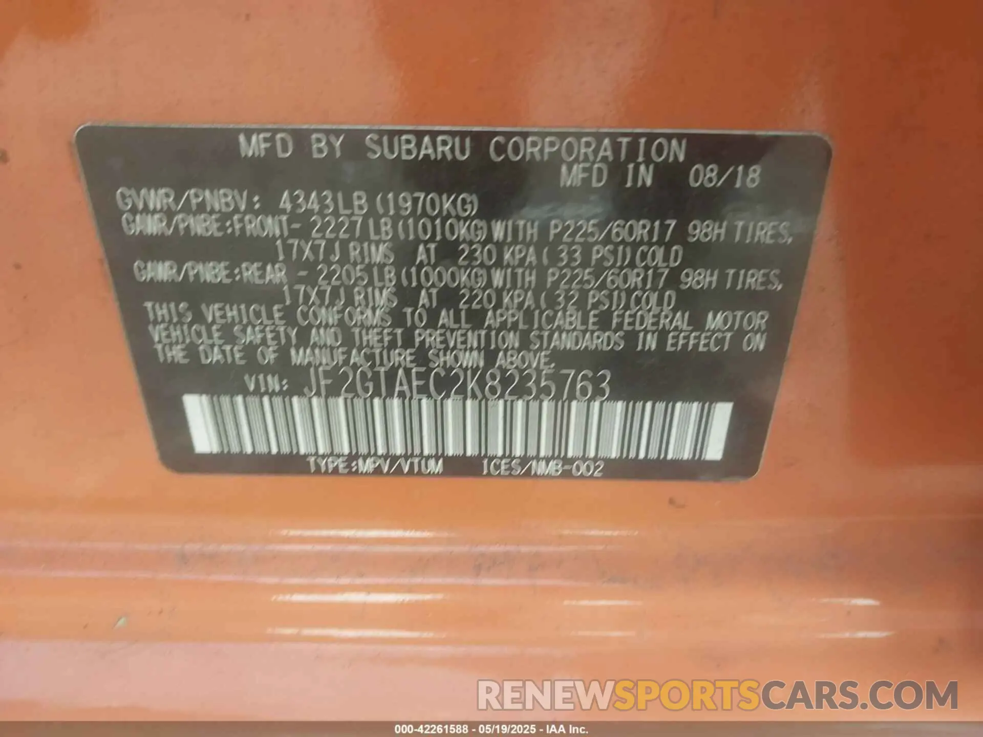 9 Photograph of a damaged car JF2GTAEC2K8235763 SUBARU CROSSTREK 2019