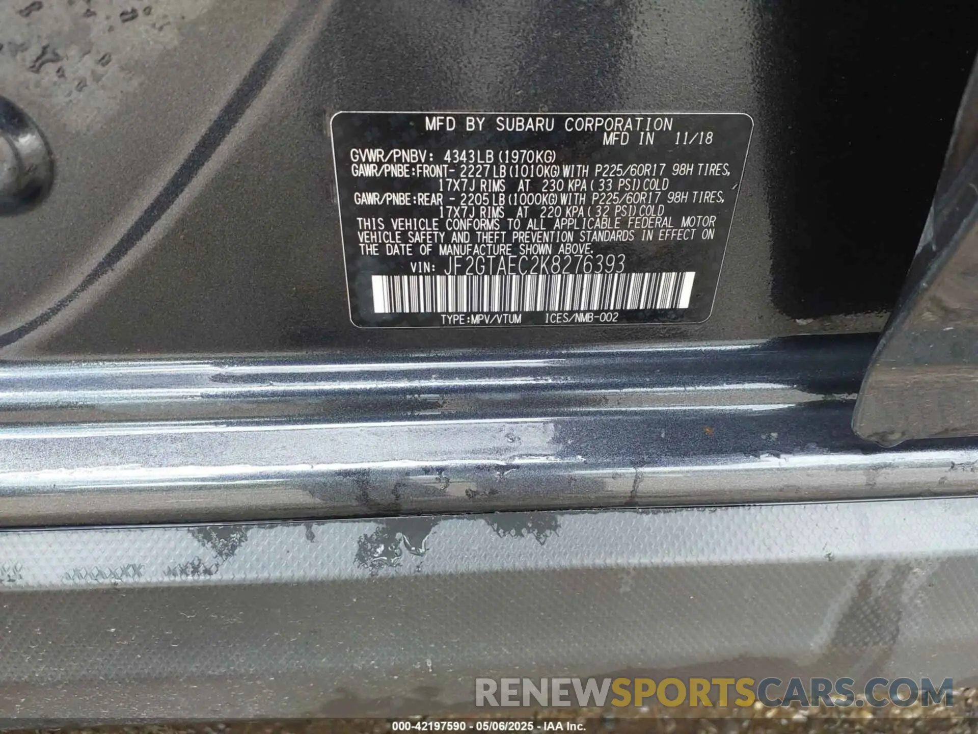 9 Photograph of a damaged car JF2GTAEC2K8276393 SUBARU CROSSTREK 2019