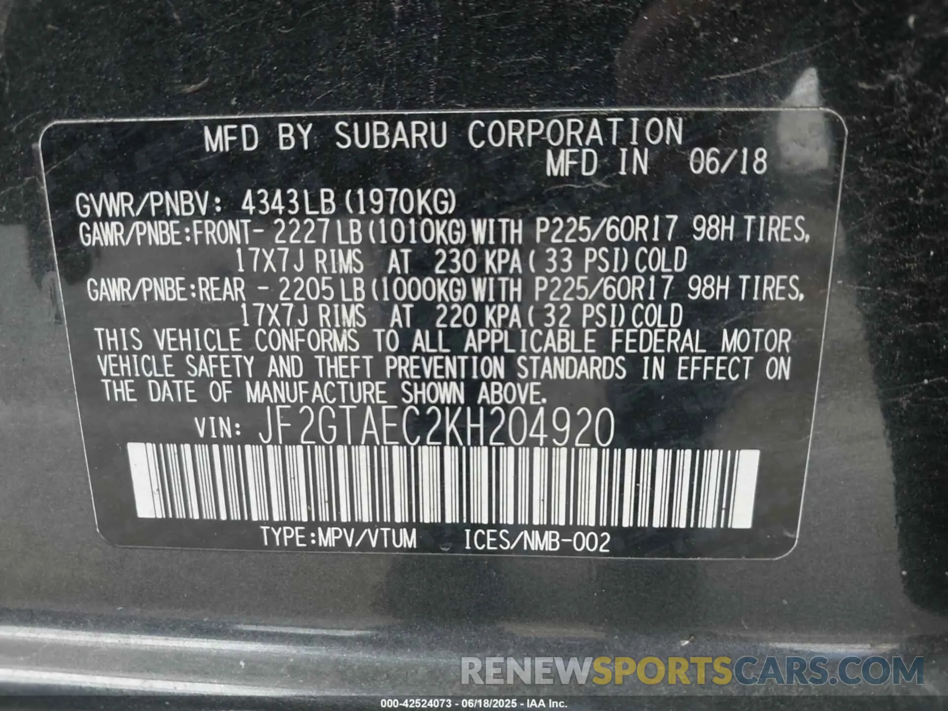 9 Photograph of a damaged car JF2GTAEC2KH204920 SUBARU CROSSTREK 2019