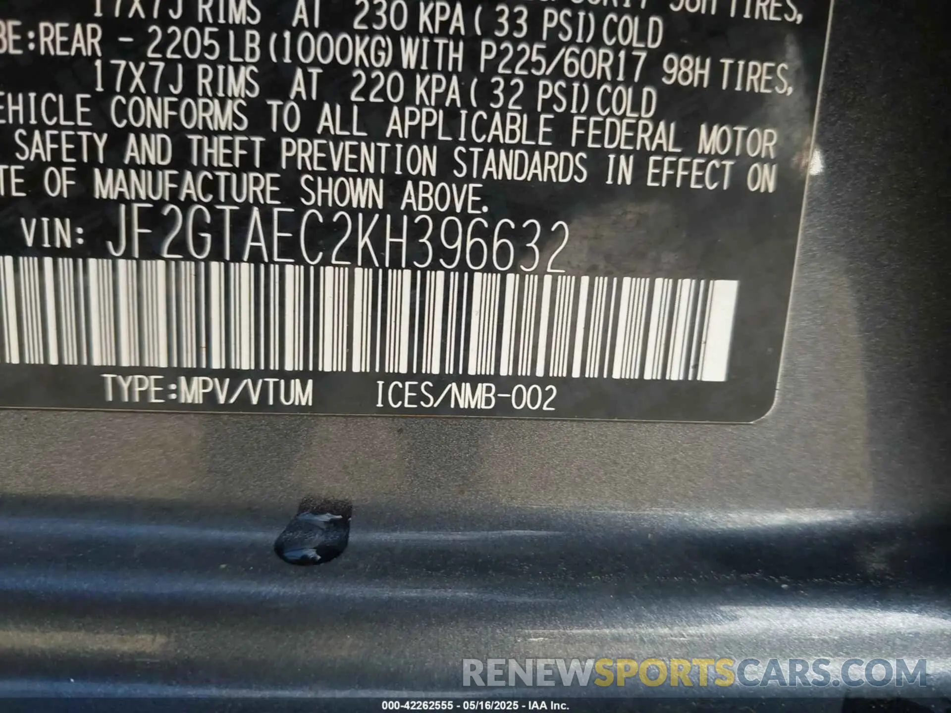 9 Photograph of a damaged car JF2GTAEC2KH396632 SUBARU CROSSTREK 2019