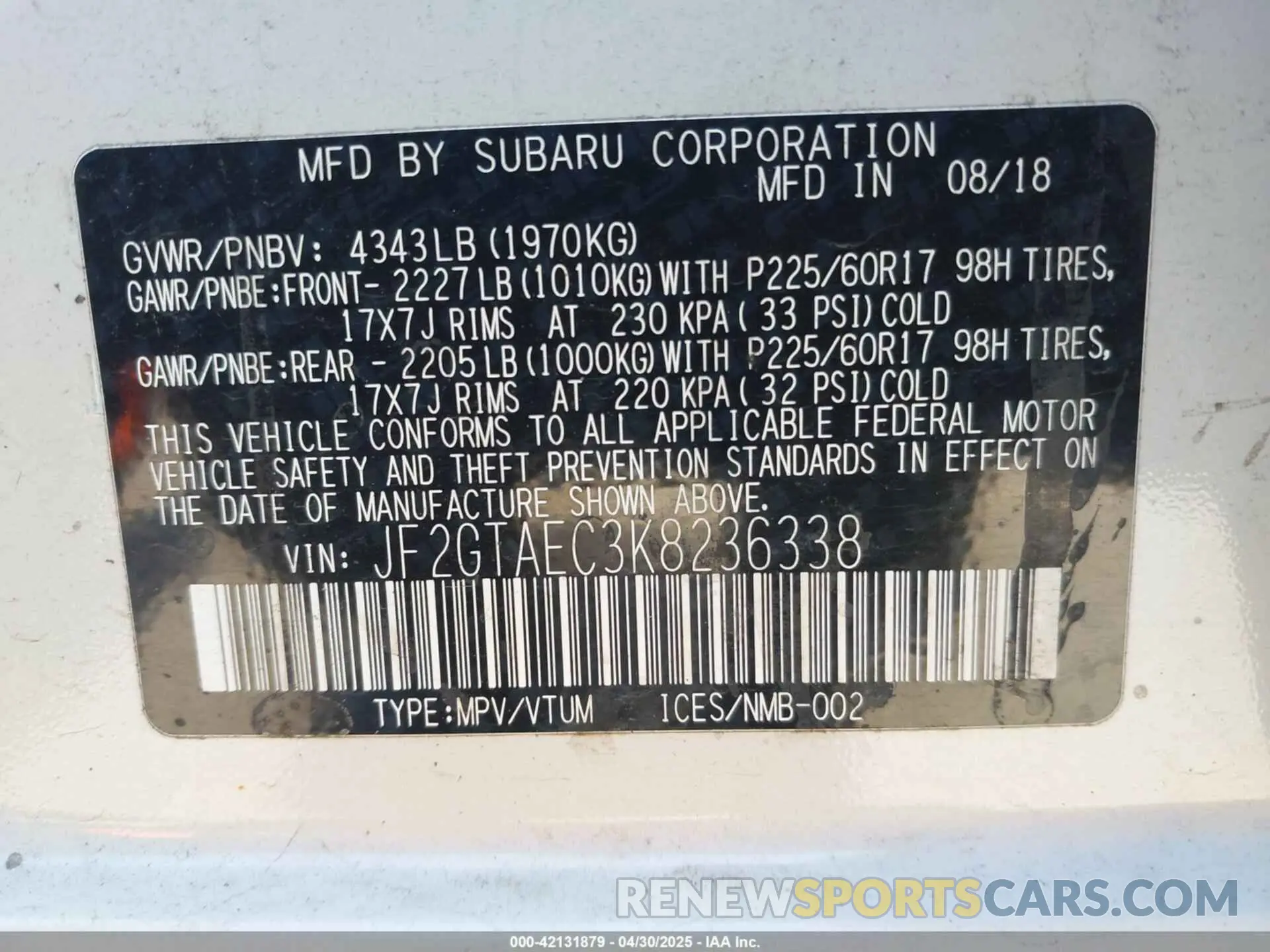 9 Photograph of a damaged car JF2GTAEC3K8236338 SUBARU CROSSTREK 2019