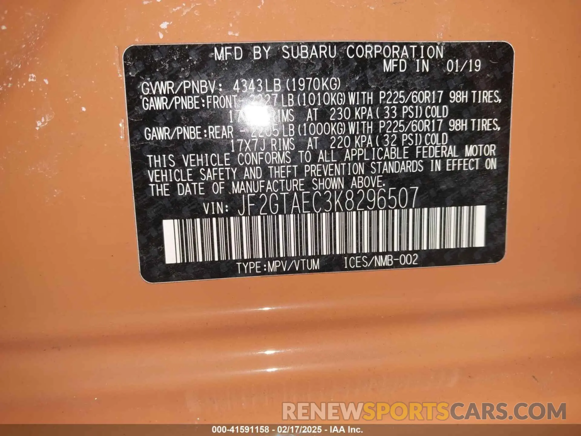 9 Photograph of a damaged car JF2GTAEC3K8296507 SUBARU CROSSTREK 2019