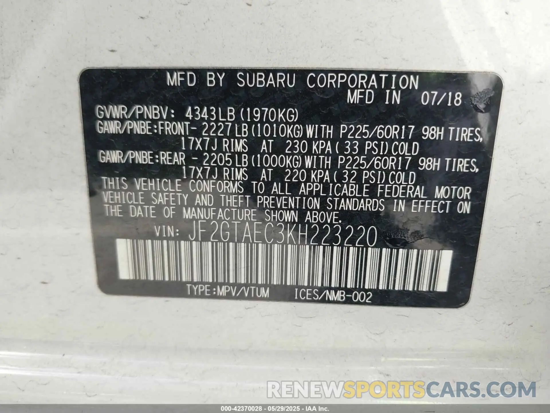 9 Photograph of a damaged car JF2GTAEC3KH223220 SUBARU CROSSTREK 2019