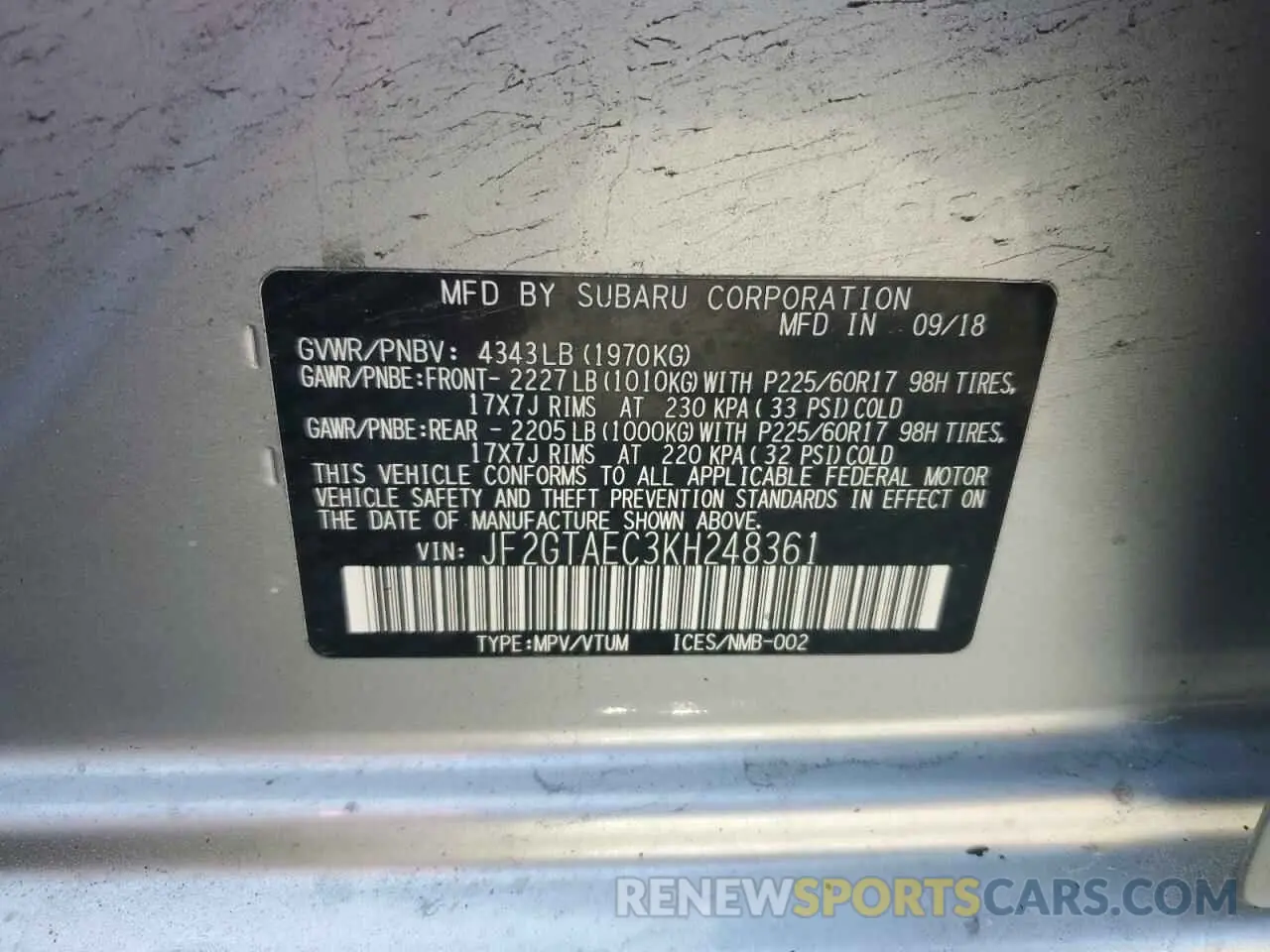 12 Photograph of a damaged car JF2GTAEC3KH248361 SUBARU CROSSTREK 2019