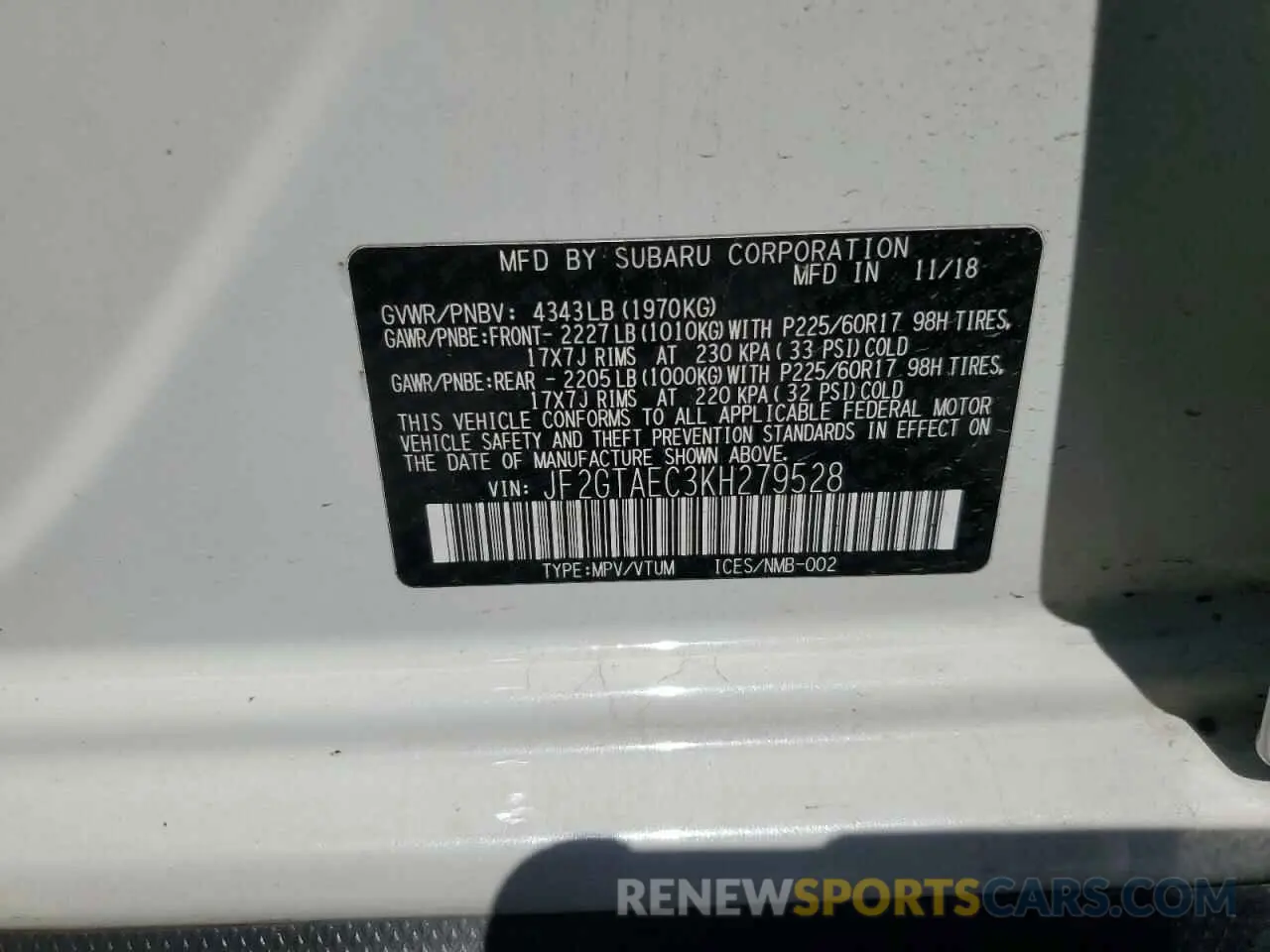 13 Photograph of a damaged car JF2GTAEC3KH279528 SUBARU CROSSTREK 2019