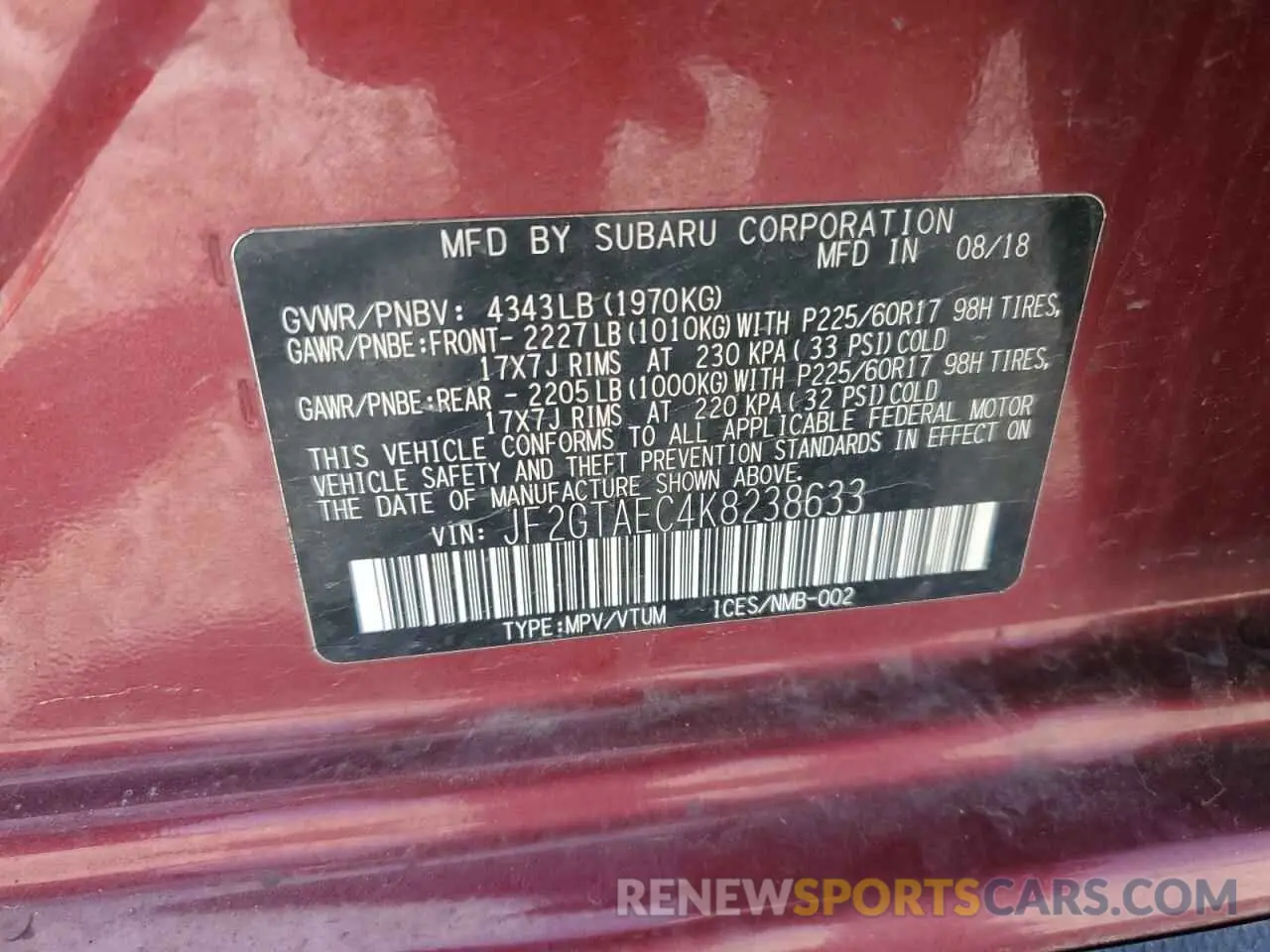 13 Photograph of a damaged car JF2GTAEC4K8238633 SUBARU CROSSTREK 2019