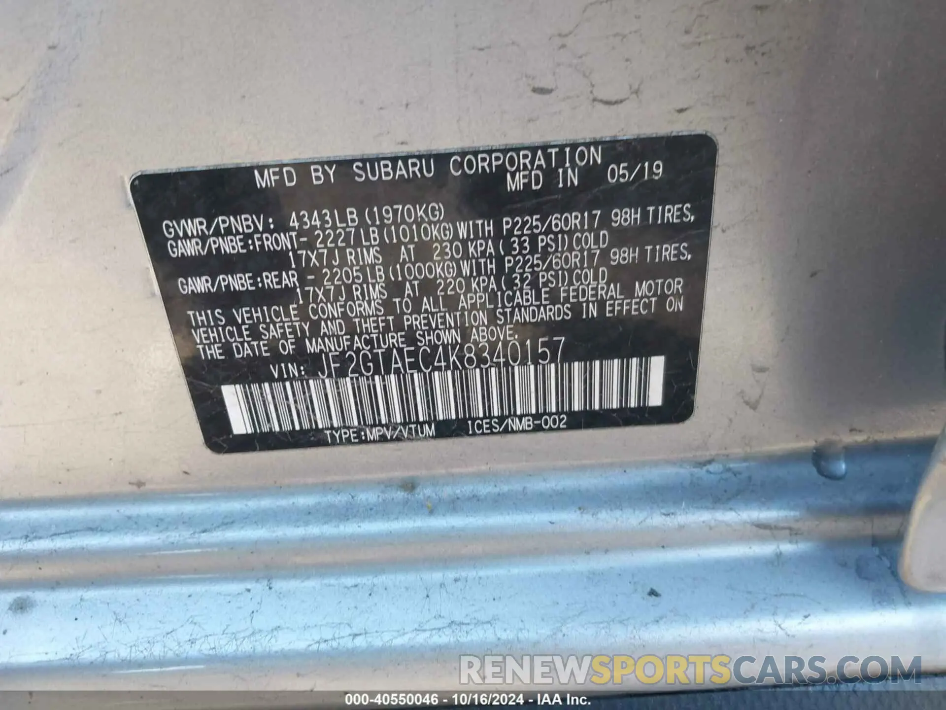 9 Photograph of a damaged car JF2GTAEC4K8340157 SUBARU CROSSTREK 2019