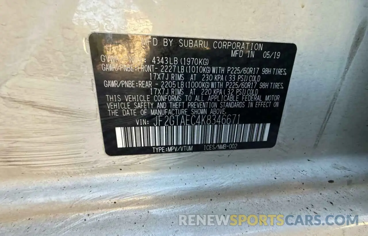 10 Photograph of a damaged car JF2GTAEC4K8346671 SUBARU CROSSTREK 2019