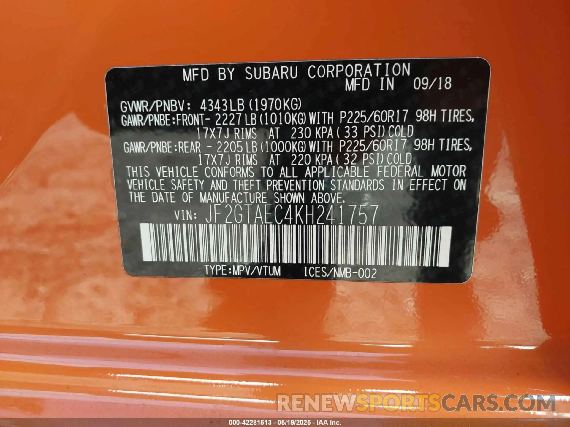 9 Photograph of a damaged car JF2GTAEC4KH241757 SUBARU CROSSTREK 2019