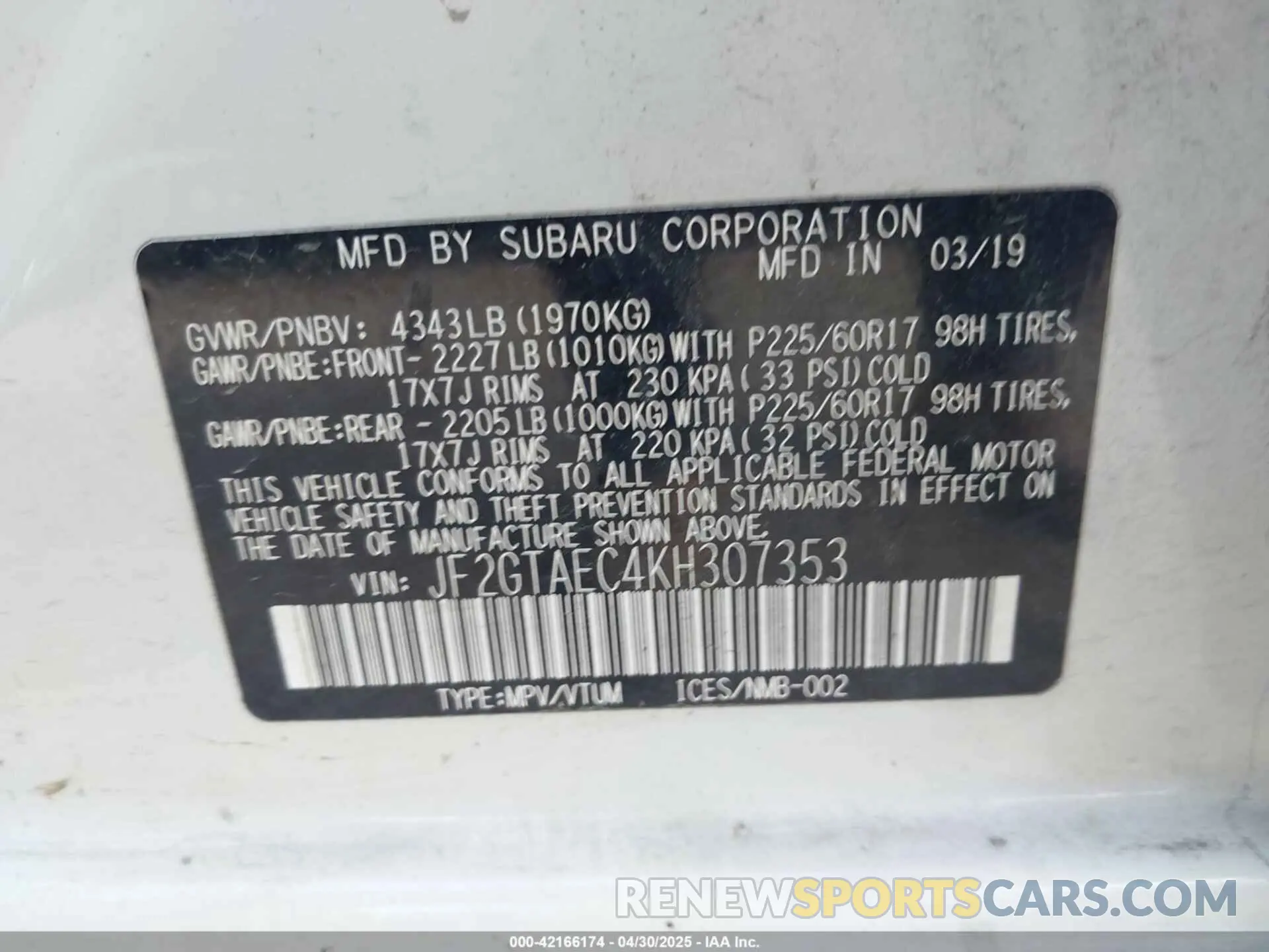 9 Photograph of a damaged car JF2GTAEC4KH307353 SUBARU CROSSTREK 2019
