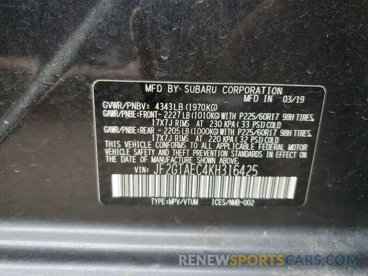 15 Photograph of a damaged car JF2GTAEC4KH316425 SUBARU CROSSTREK 2019