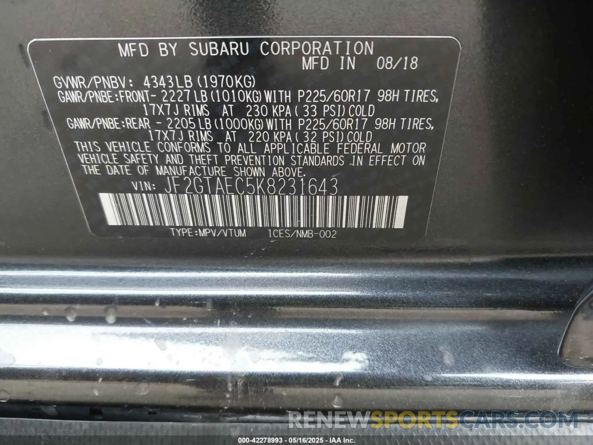 9 Photograph of a damaged car JF2GTAEC5K8231643 SUBARU CROSSTREK 2019