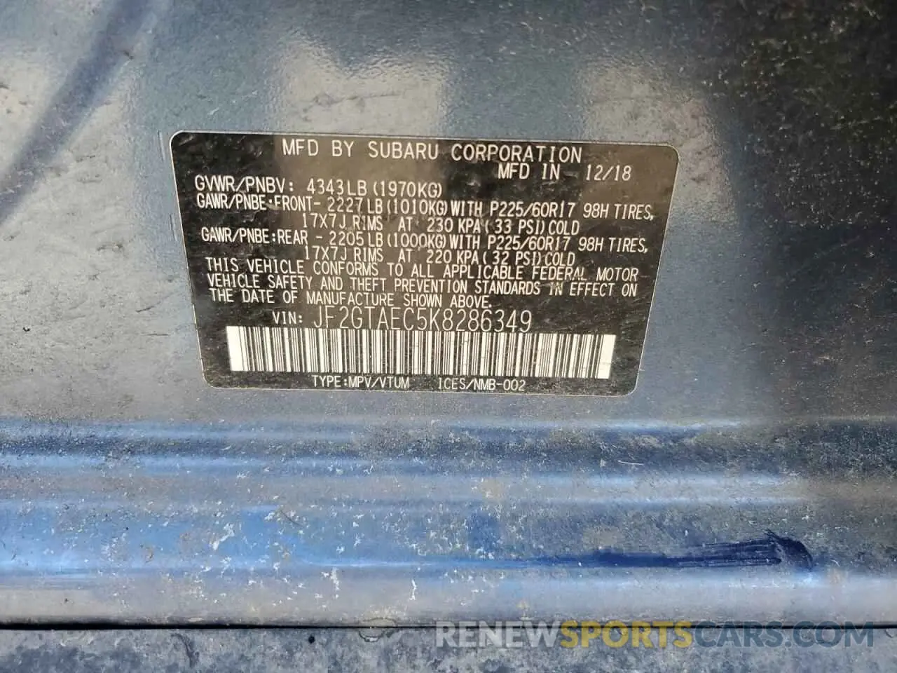 14 Photograph of a damaged car JF2GTAEC5K8286349 SUBARU CROSSTREK 2019