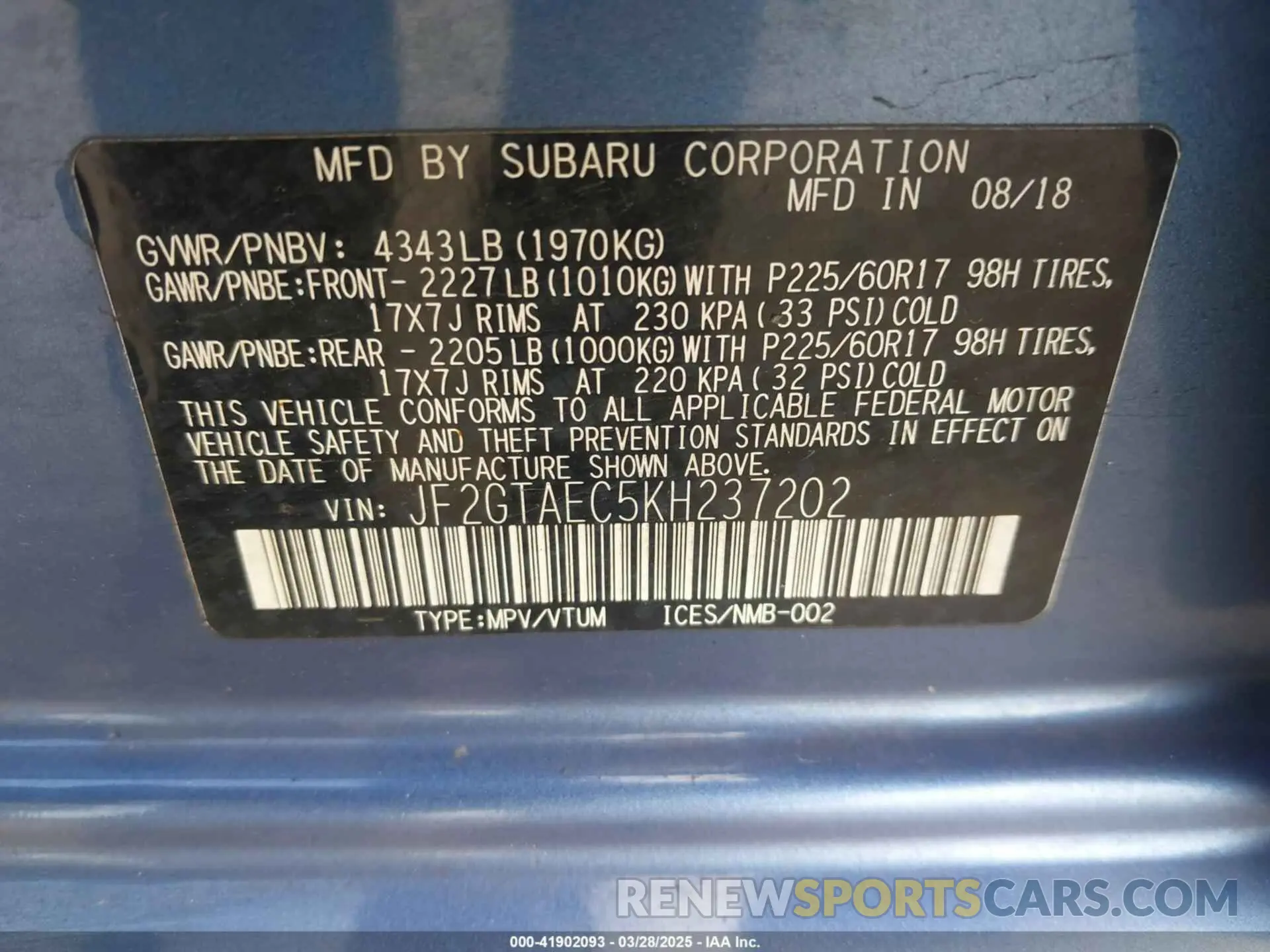 9 Photograph of a damaged car JF2GTAEC5KH237202 SUBARU CROSSTREK 2019