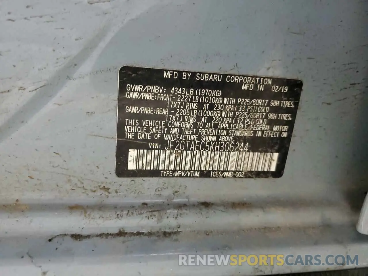 15 Photograph of a damaged car JF2GTAEC5KH306244 SUBARU CROSSTREK 2019