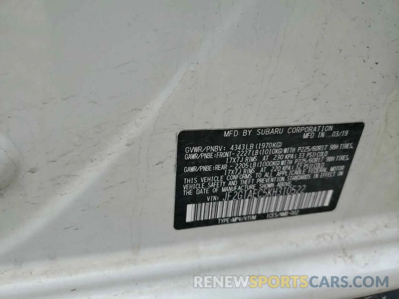 15 Photograph of a damaged car JF2GTAEC5KH310522 SUBARU CROSSTREK 2019