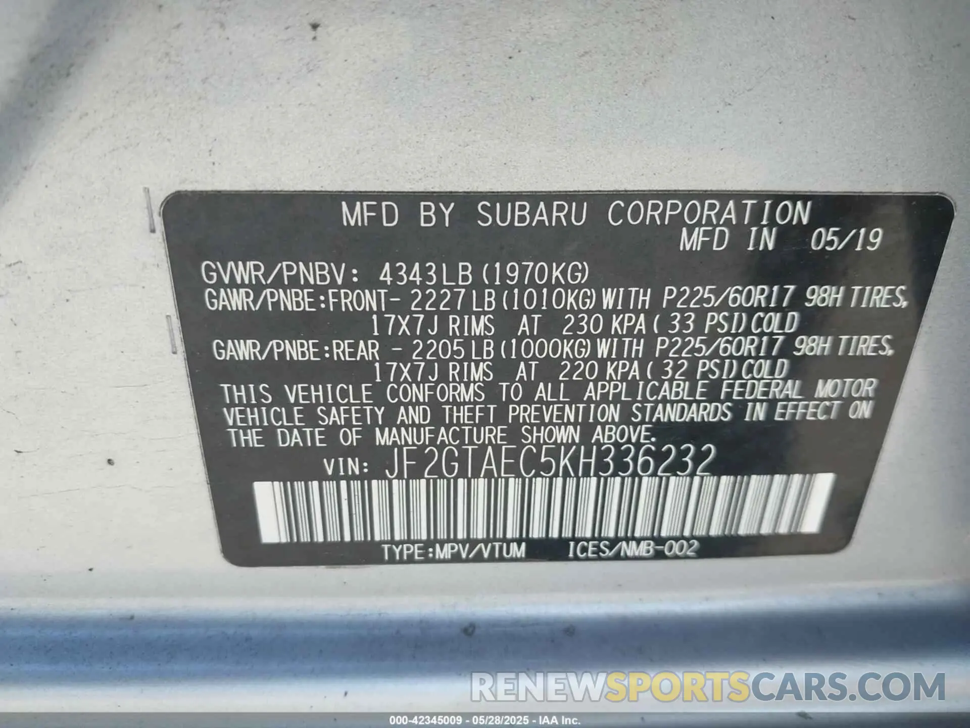 9 Photograph of a damaged car JF2GTAEC5KH336232 SUBARU CROSSTREK 2019