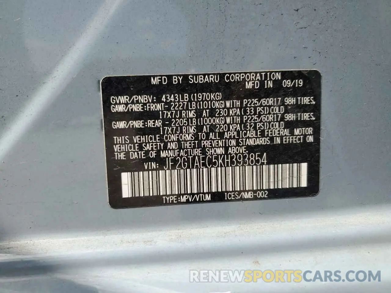 13 Photograph of a damaged car JF2GTAEC5KH393854 SUBARU CROSSTREK 2019