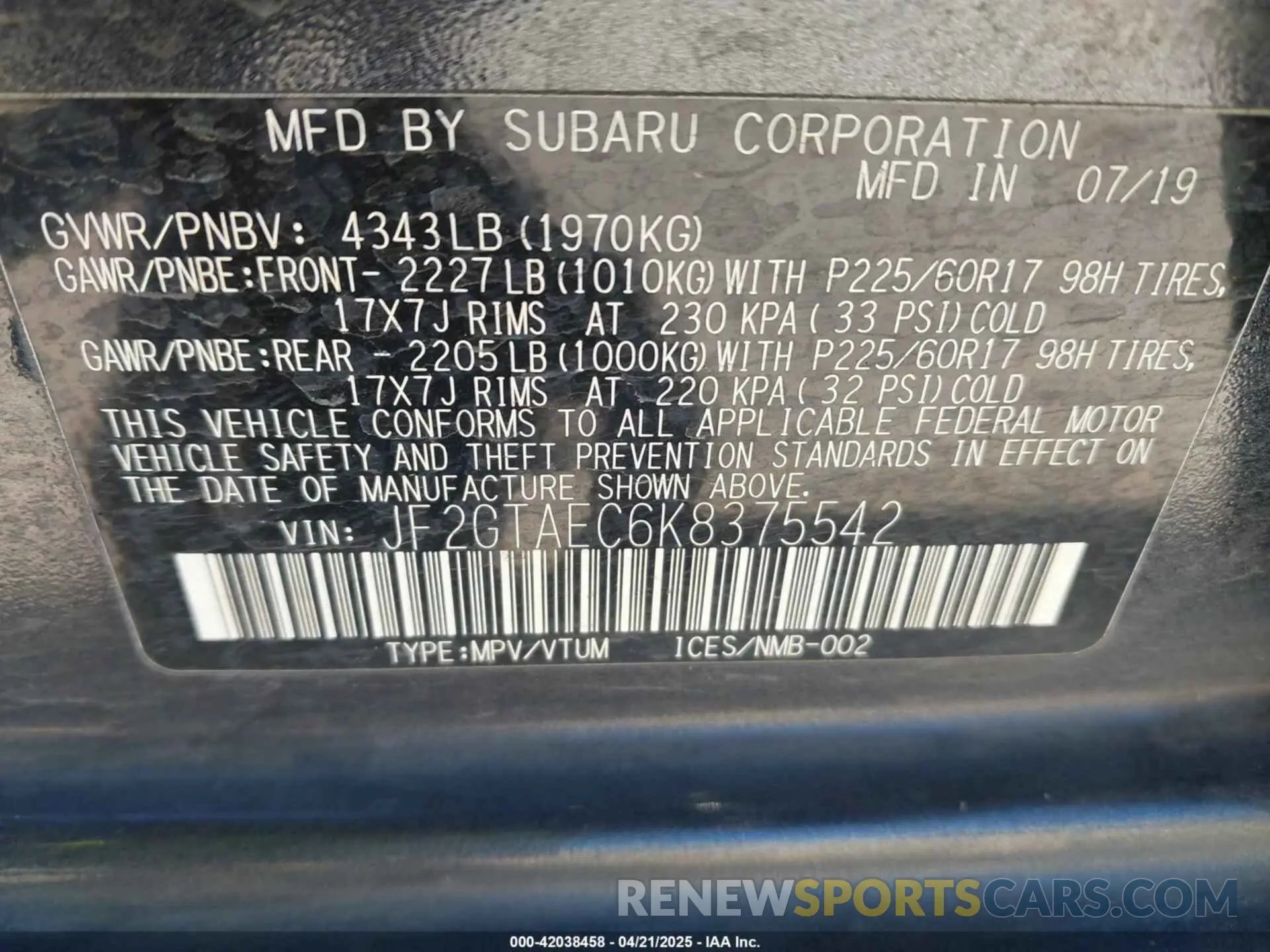 9 Photograph of a damaged car JF2GTAEC6K8375542 SUBARU CROSSTREK 2019