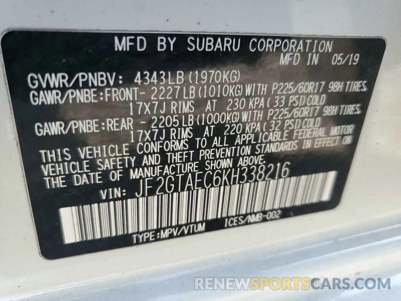 13 Photograph of a damaged car JF2GTAEC6KH338216 SUBARU CROSSTREK 2019