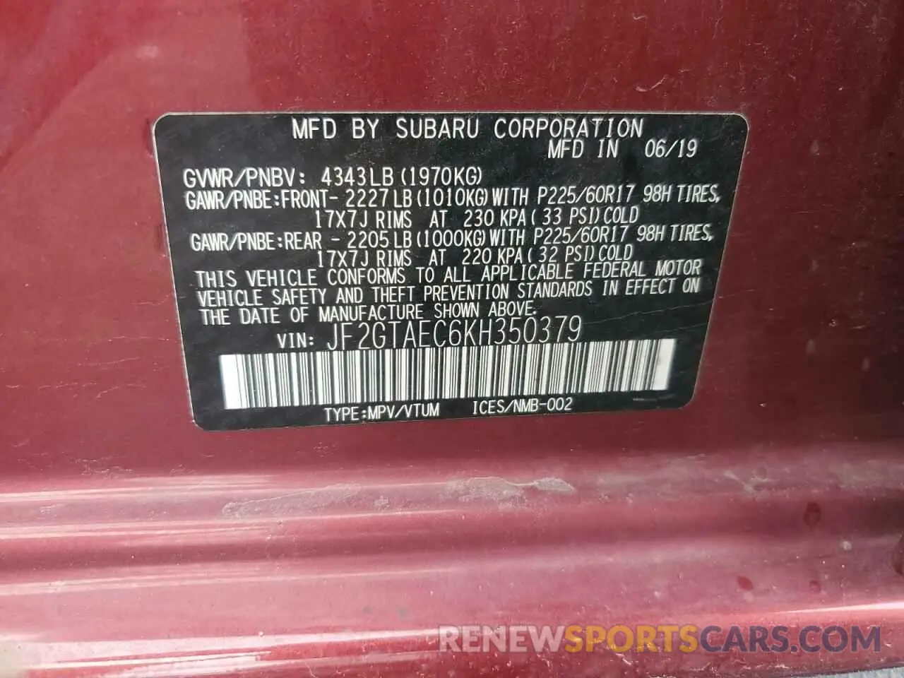 13 Photograph of a damaged car JF2GTAEC6KH350379 SUBARU CROSSTREK 2019