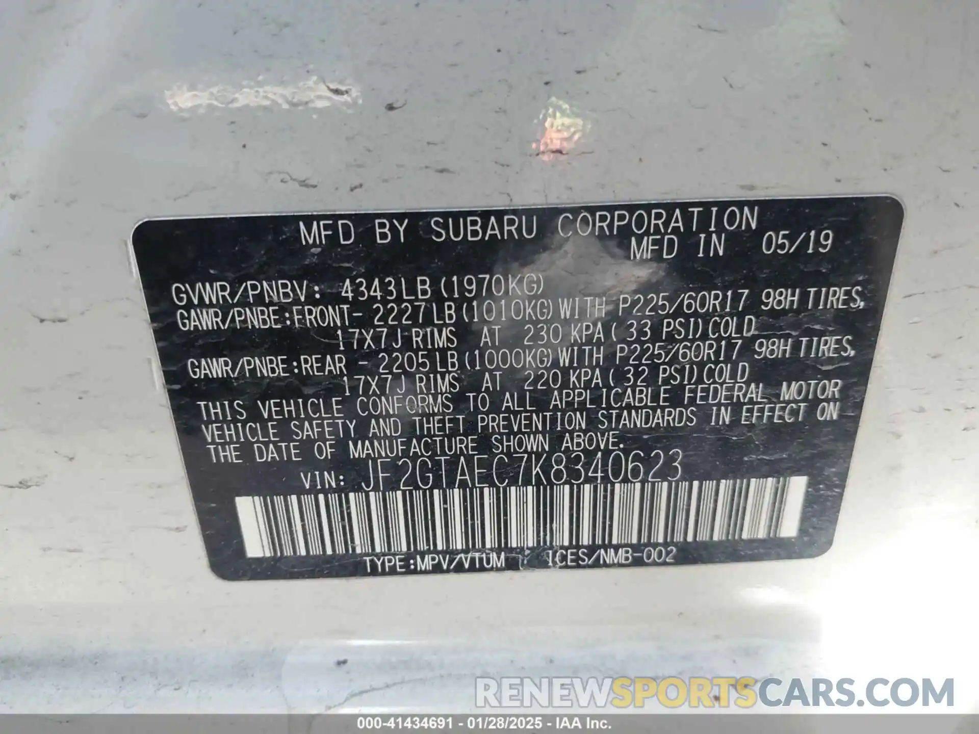 9 Photograph of a damaged car JF2GTAEC7K8340623 SUBARU CROSSTREK 2019