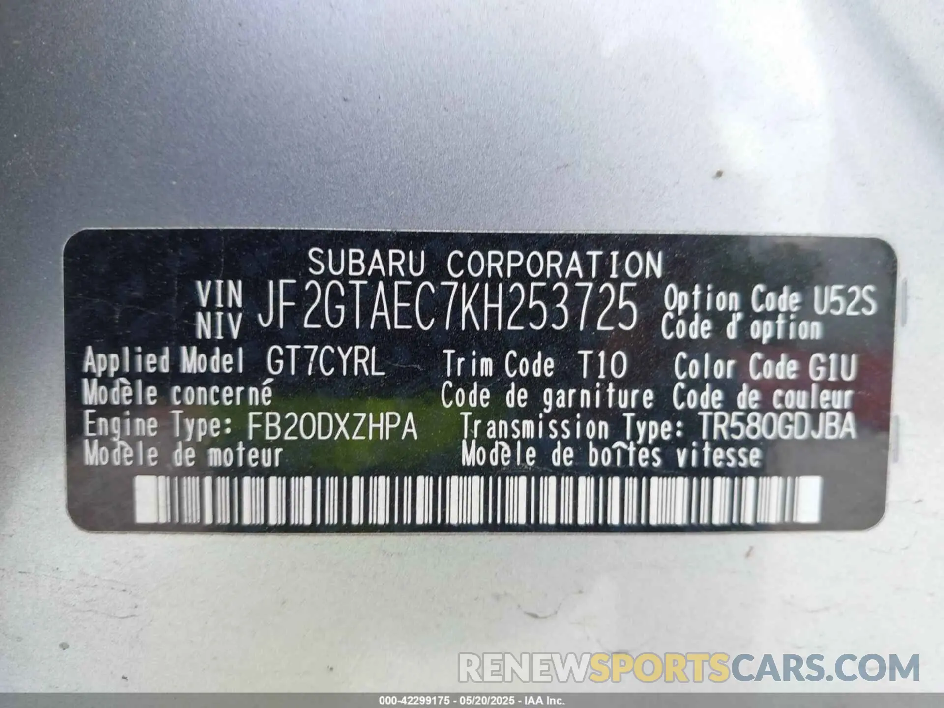 9 Photograph of a damaged car JF2GTAEC7KH253725 SUBARU CROSSTREK 2019