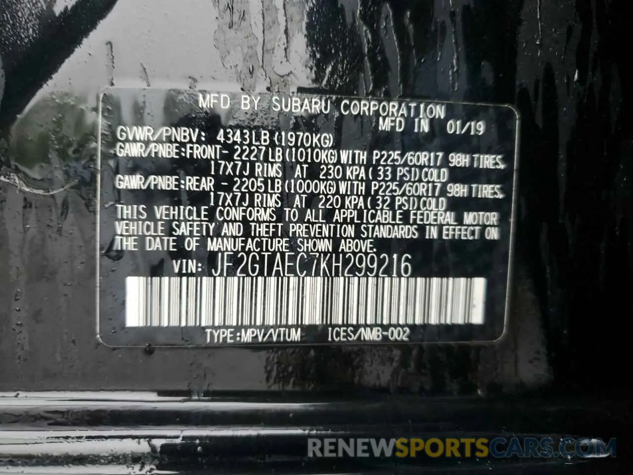 13 Photograph of a damaged car JF2GTAEC7KH299216 SUBARU CROSSTREK 2019