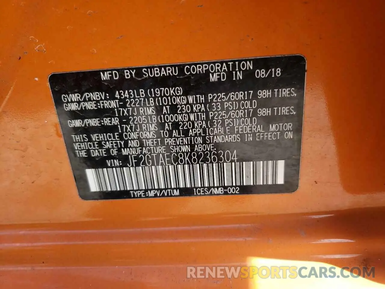 15 Photograph of a damaged car JF2GTAEC8K8236304 SUBARU CROSSTREK 2019
