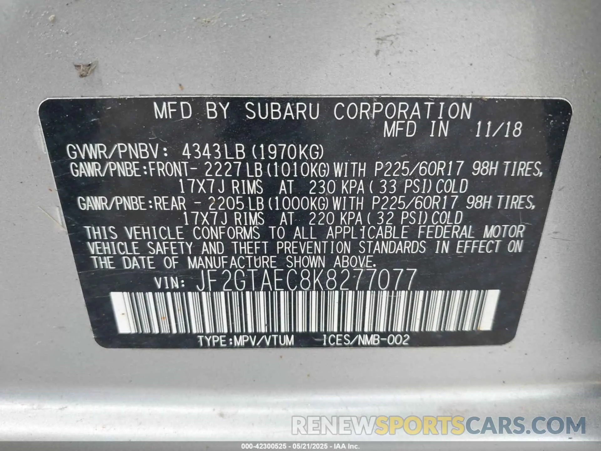 9 Photograph of a damaged car JF2GTAEC8K8277077 SUBARU CROSSTREK 2019