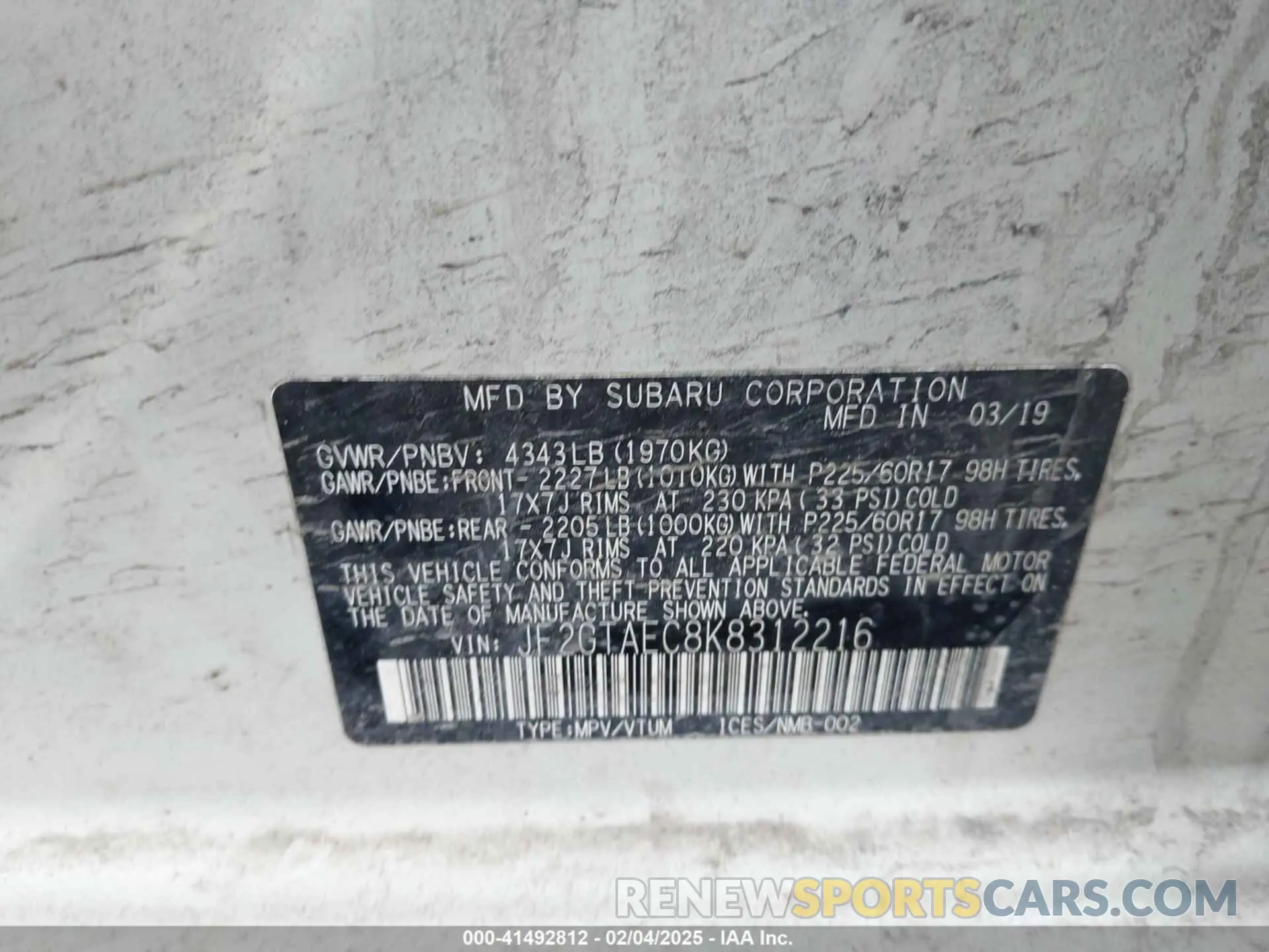 9 Photograph of a damaged car JF2GTAEC8K8312216 SUBARU CROSSTREK 2019