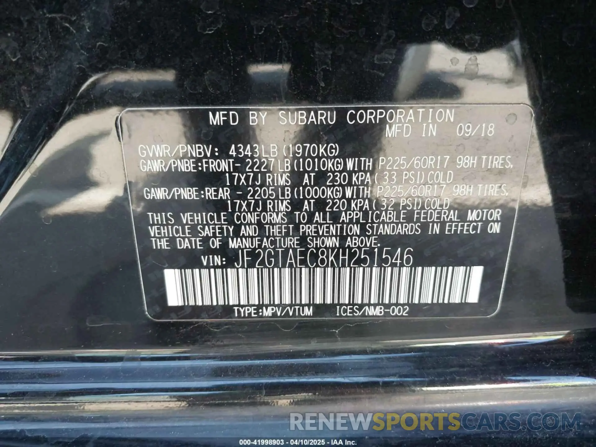 9 Photograph of a damaged car JF2GTAEC8KH251546 SUBARU CROSSTREK 2019