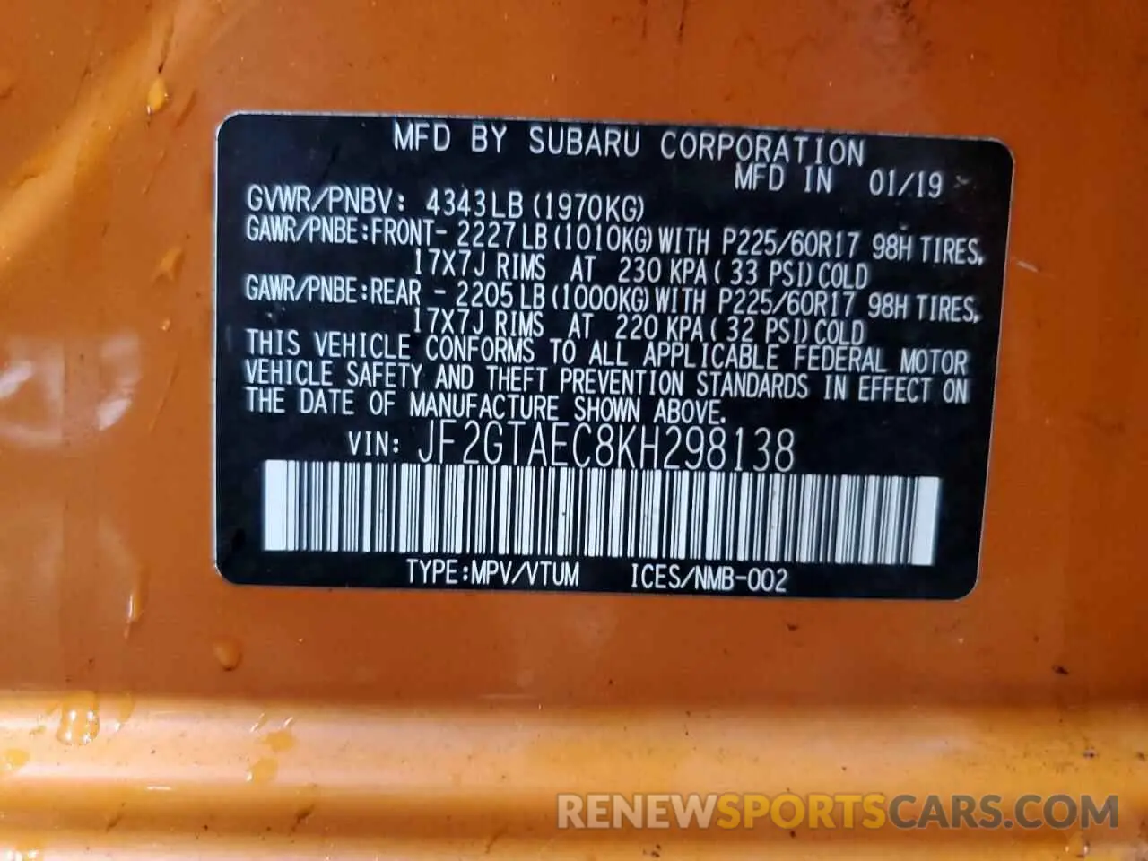 12 Photograph of a damaged car JF2GTAEC8KH298138 SUBARU CROSSTREK 2019