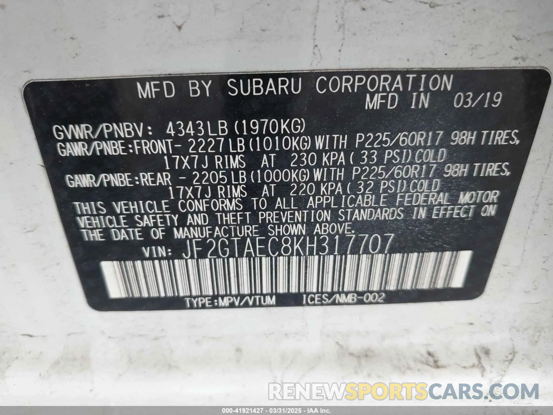 9 Photograph of a damaged car JF2GTAEC8KH317707 SUBARU CROSSTREK 2019