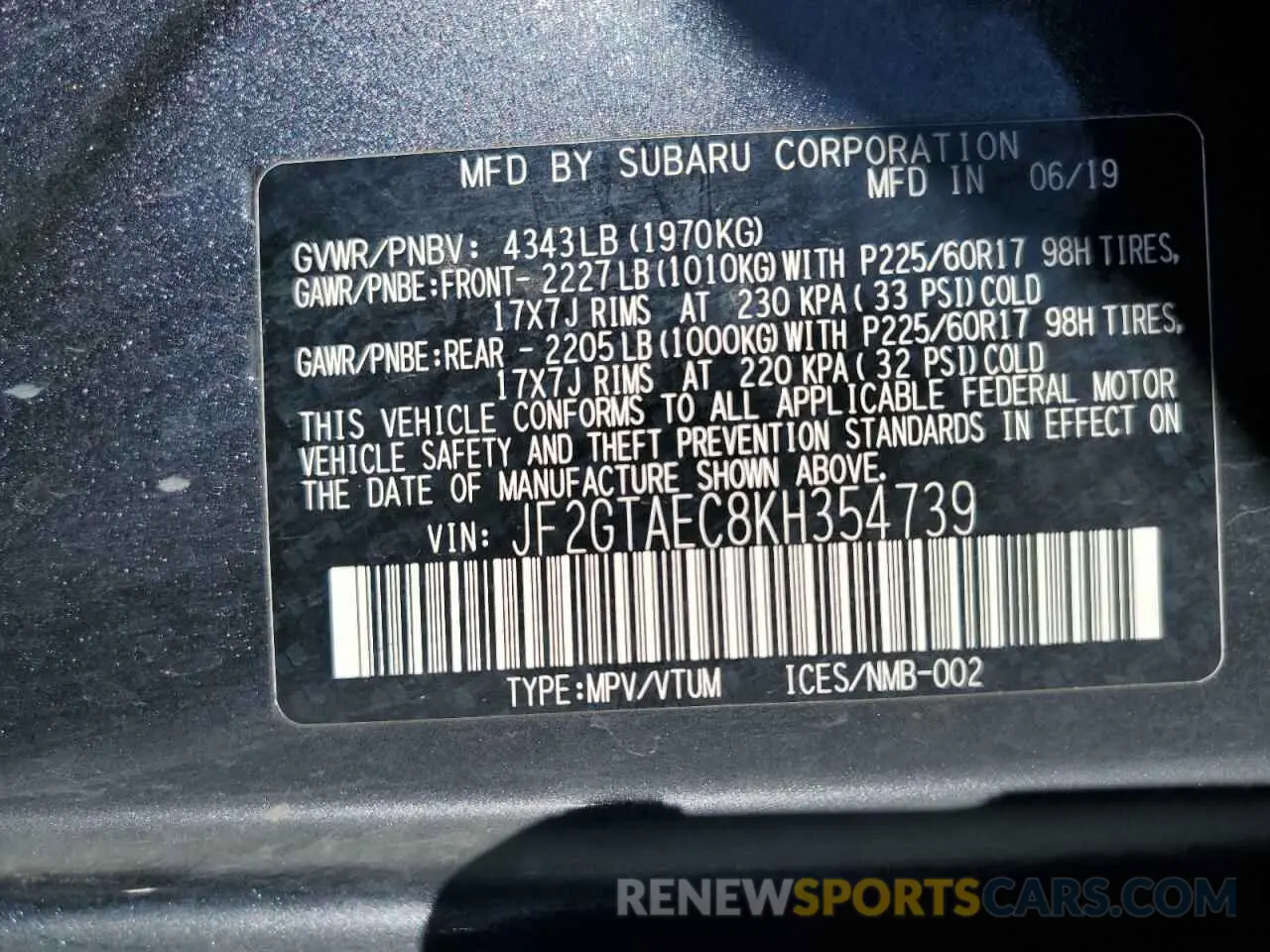 13 Photograph of a damaged car JF2GTAEC8KH354739 SUBARU CROSSTREK 2019
